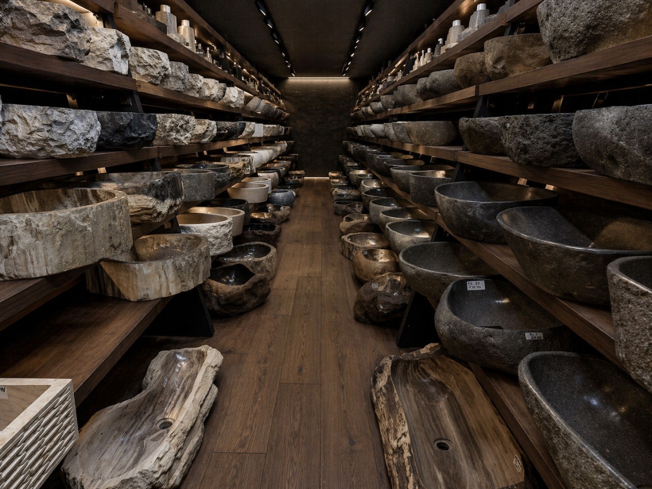 Ассортимент раковин и изделий из камня на складе