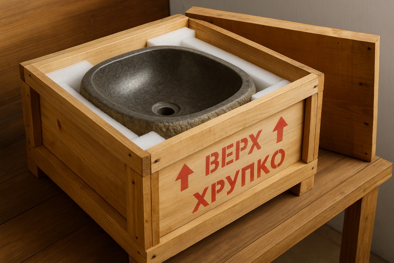 Упаковка и фиксация каменных раковин перед отправкой